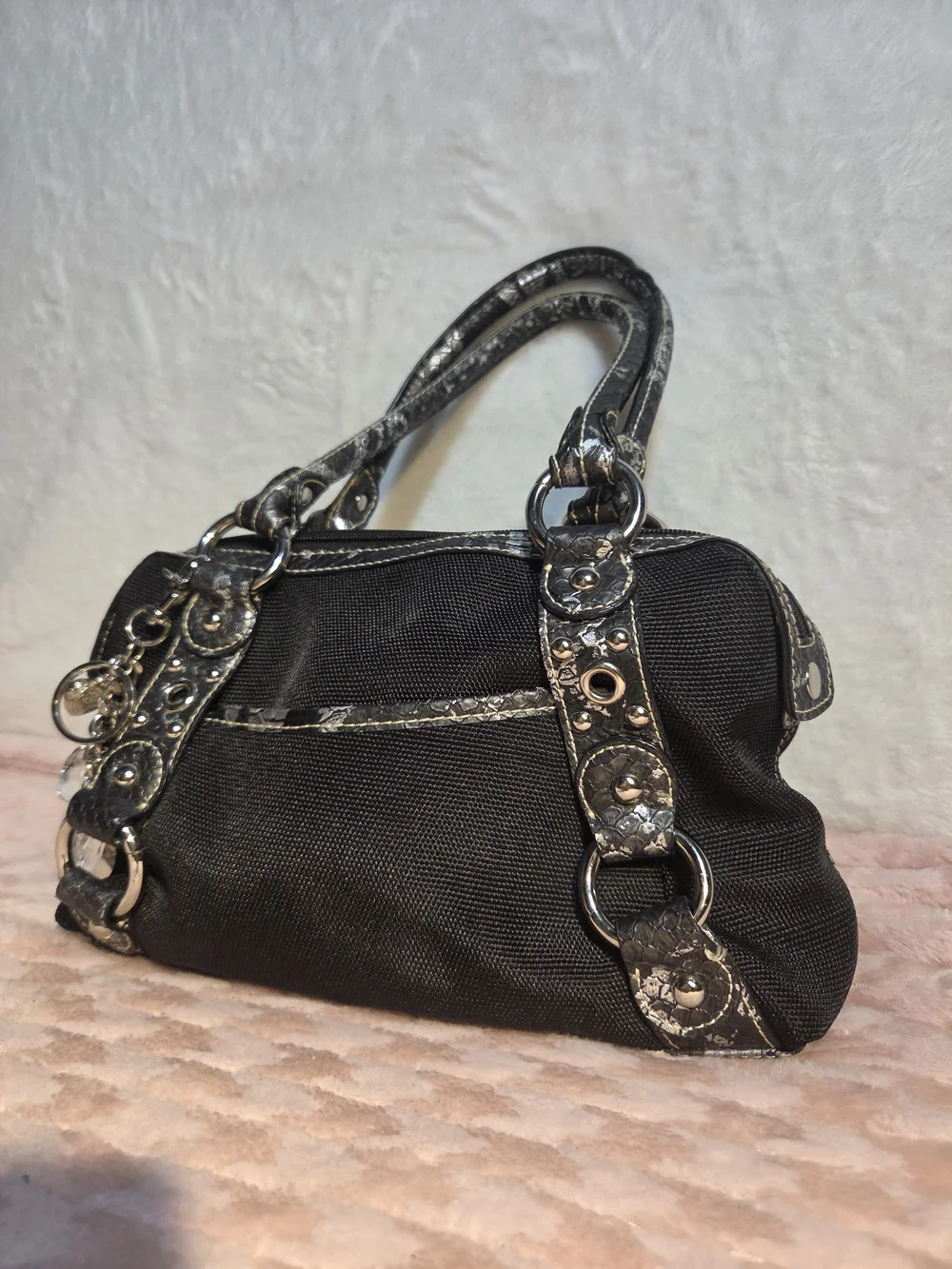 Kathy Van Zeeland Black Women's Satchel Handbag with Metallic Trim